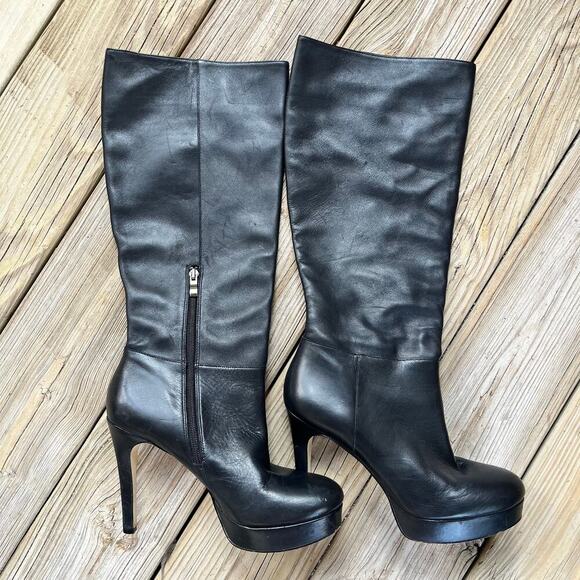 Reba Black Leather Knee High Platform Stiletto Boots Size 9.5M - Picture 1 of 10